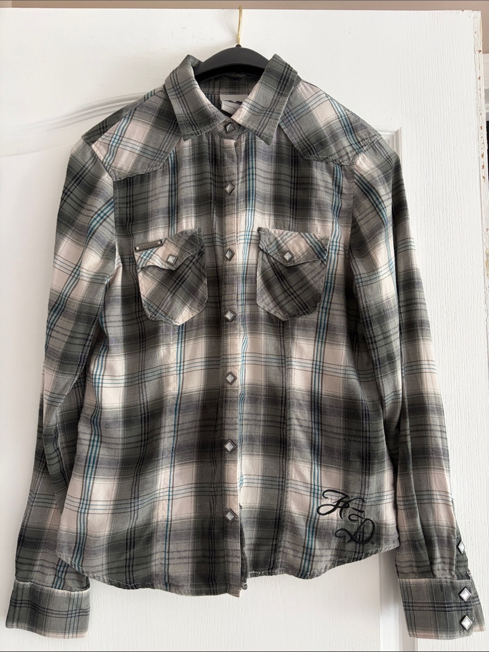 Harley-Davidson Plaid Shirt in Gray, Black & Teal